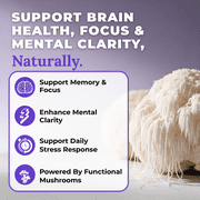 Grow Vitamin Mushroom Mind Supplements - Focus, Memory, Cognitive Nootropic, Immune, Antioxidant, Performance Powder, 90 Veg Capsules