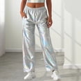 thumbnail image 3 of Quixlent Women Metallic Pants Elastic High Waist Casual Holographic Color Trousers Wide Leg Pockets Hip Hop Long Pants, 3 of 8