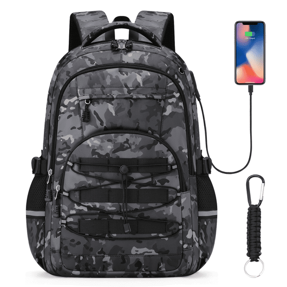Kids Backpack for Boys - Camo Boys Backpacks for Kids Teens Elementary Middle School, 18″ Camouflag Students Bookbag with Usb Charging Port & Key-chain, Perfect for Travel and School