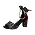 thumbnail image 3 of Women's Ethnic Embroidery Chunky Heel Sandals, Peep Toe Pearl Ankle Strap Dress Shoes, Plus Size Comfortable High Heel Shoes for Summer Wear, 3 of 10