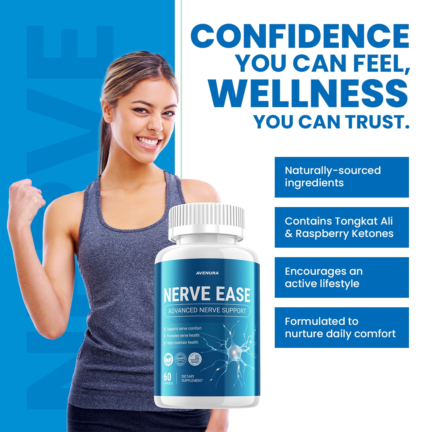 Nerve Ease Capsules – NerveEase Natural Ingredients Maximum Strength Supplement for Nerve Support, 1 Pack, 60 Capsules