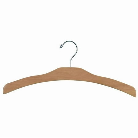 Arched Wood Top Hanger, Box of 25 Space Saving 17 Inch Flat Wooden Hangers w/ Natural Finish & Chrome Swivel Hook & Notches for Shirt Jacket or Dress by International Hanger