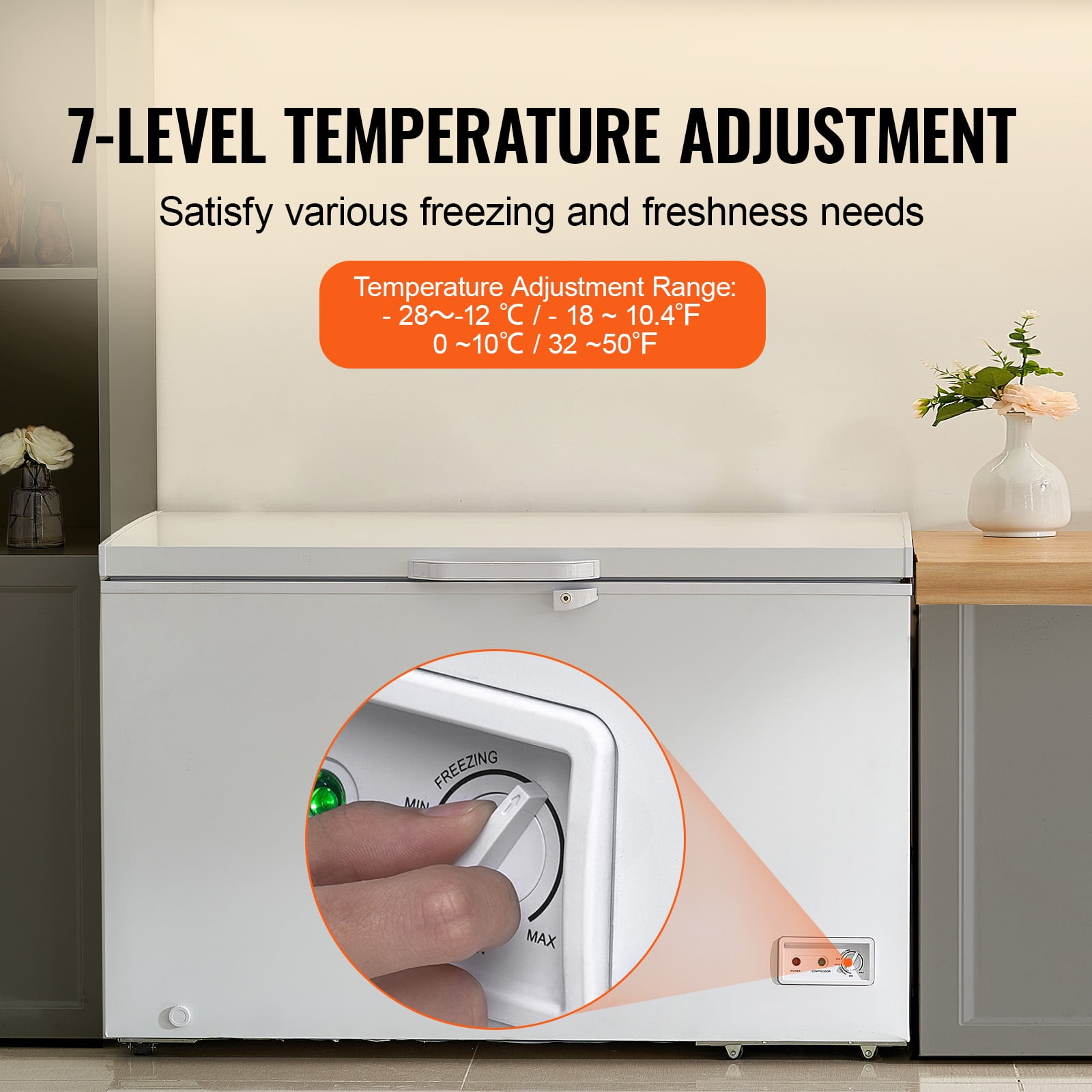 KFFKFF Chest Freezer, 12.8 Cu.ft / 345 L Spacious Storage with 4 Detachable Baskets, Upright Top-Loading Design for Home and Business, Secure Lock Lid, 7 Temperature Settings, Illuminated Interior