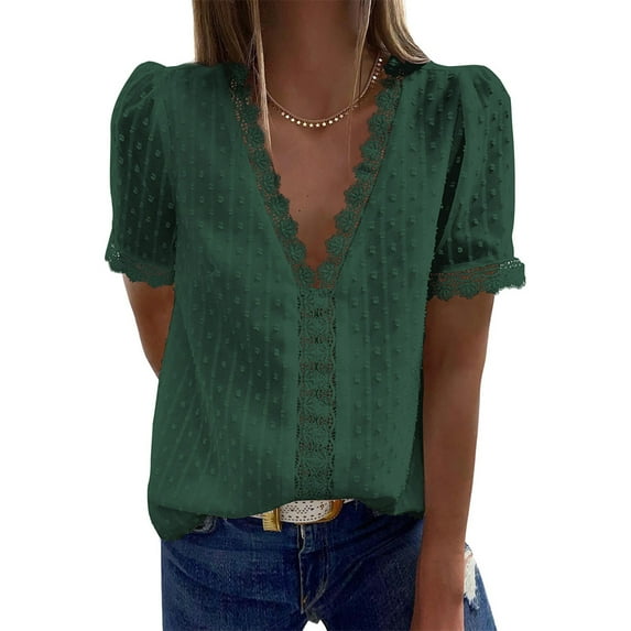 Anyfit Wear Swiss Dot Tops for Women V Neck Chiffon Blouse Lace Crochet Long Sleeves Elegant Work Shirts for Summer Long Sleeve