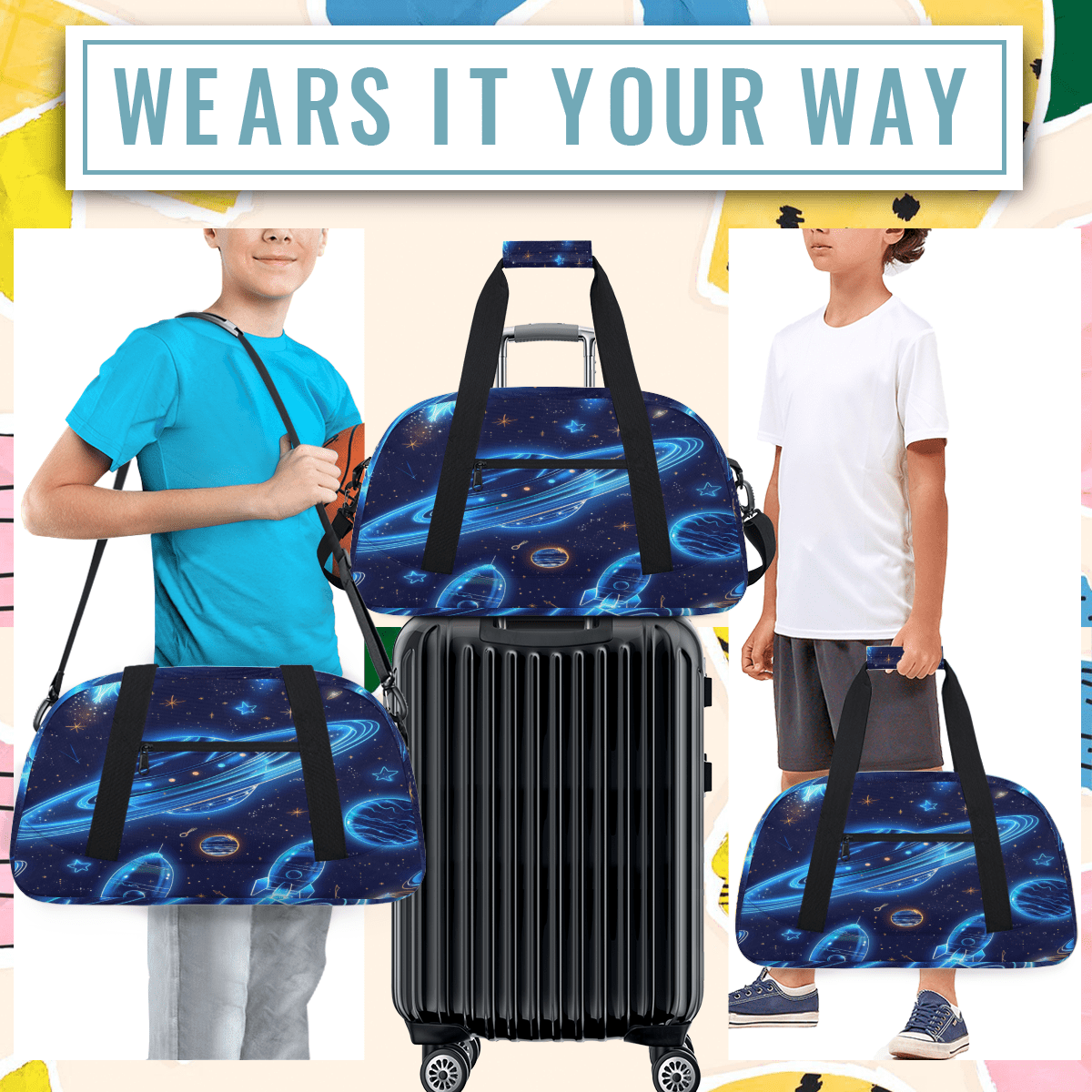 Herdesigns Solar System Sports Duffle Bag for Women & Men, Planets Universe Gym Bag Dance Bag Overnight Bag Carry On Weekender Travel Bag