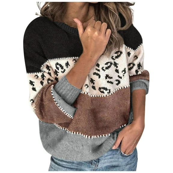 Women's Sweater Leopard Print Stripe Patchwork Knitted Long Sleeve Crew Neck Fall Knitwear