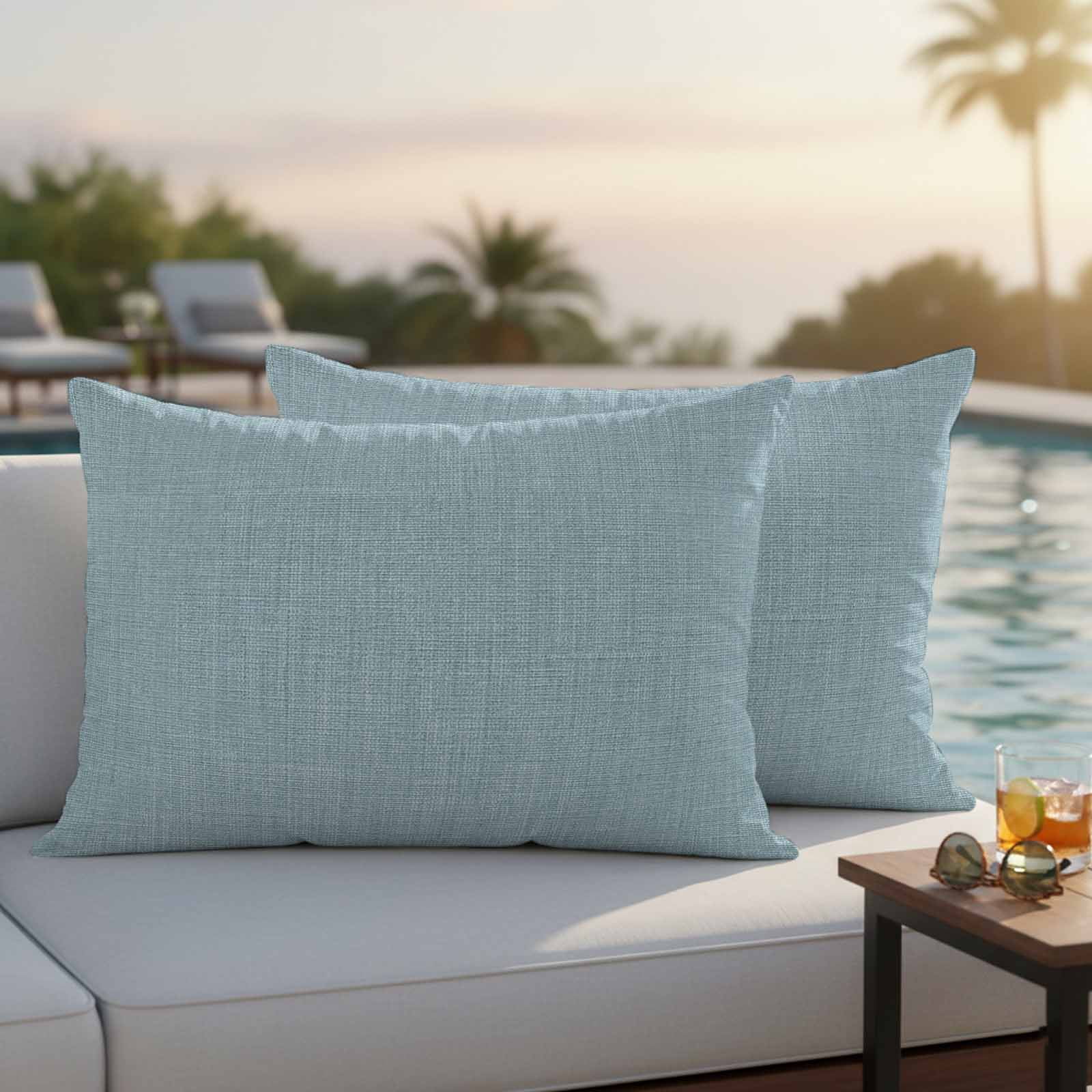 Blue Linen Pillow Covers 2 Pack Farmhouse Pure Color Country Vintage Pillowcase Waterproof Outdoor Throw Pillow Cover for Patio Balcony Rectangular Cushion 20”x12”