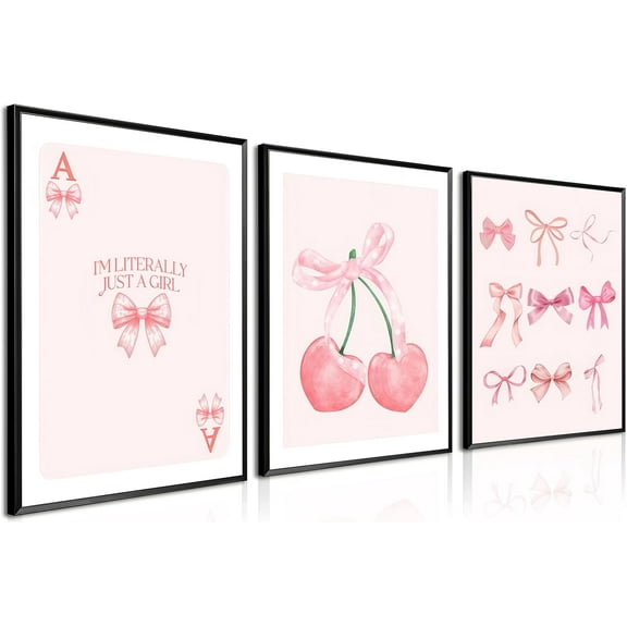 Preppy Bow Canvas Wall Art Set of 3, Trendy Pink Bow Decor for Girls Room, Vintage Aesthetic Cherry Prints, Girly Bedroom College Apartment Decor 12x16 Inch d