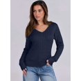 thumbnail image 3 of Women Long Sleeve Cable Knit Sweater Fall Fashion V Neck Fitted Pullover Business Casual Fall Outfits Navy Blue L, 3 of 8