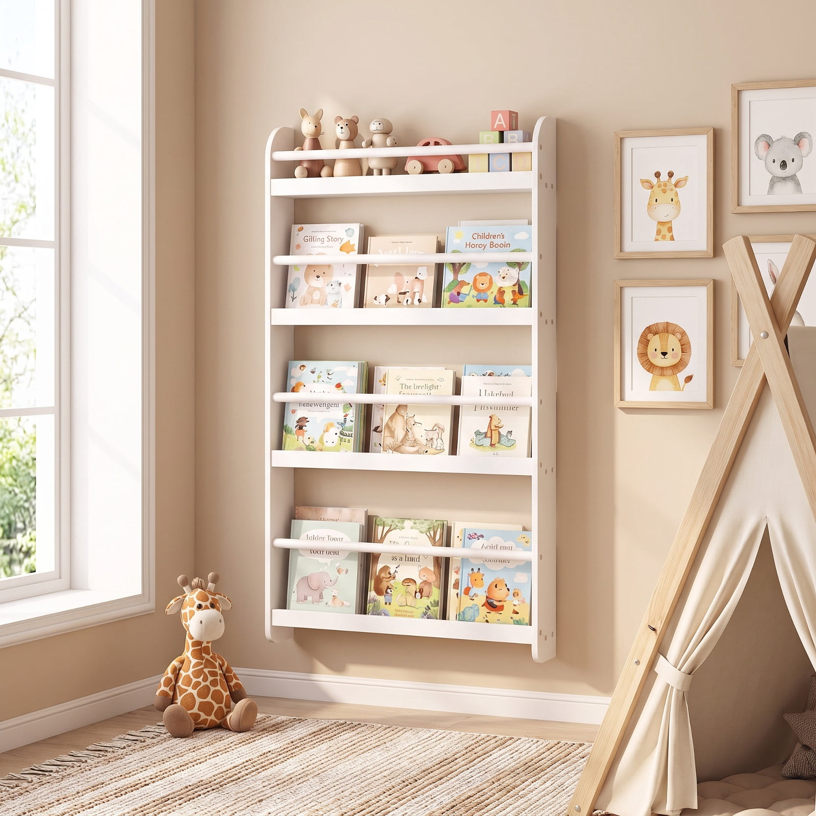 Furnibear 4-Tier Bookshelf Organizer for Toys and Books with Basswood Crossbar for Living Room Home Office Bedroom Display Storage Shelf, White