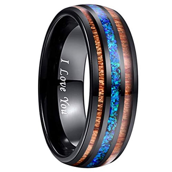 Wedding Rings For Men or Women. 8mm Wood & Blue Opal Tungsten Wedding Band