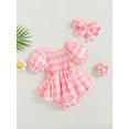 thumbnail image 3 of xiaxaixu Baby Girls Romper Dress Set Checkerboard Print Summer Ruched Short Sleeve Jumpsuits and Elastic Headband, 3 of 9