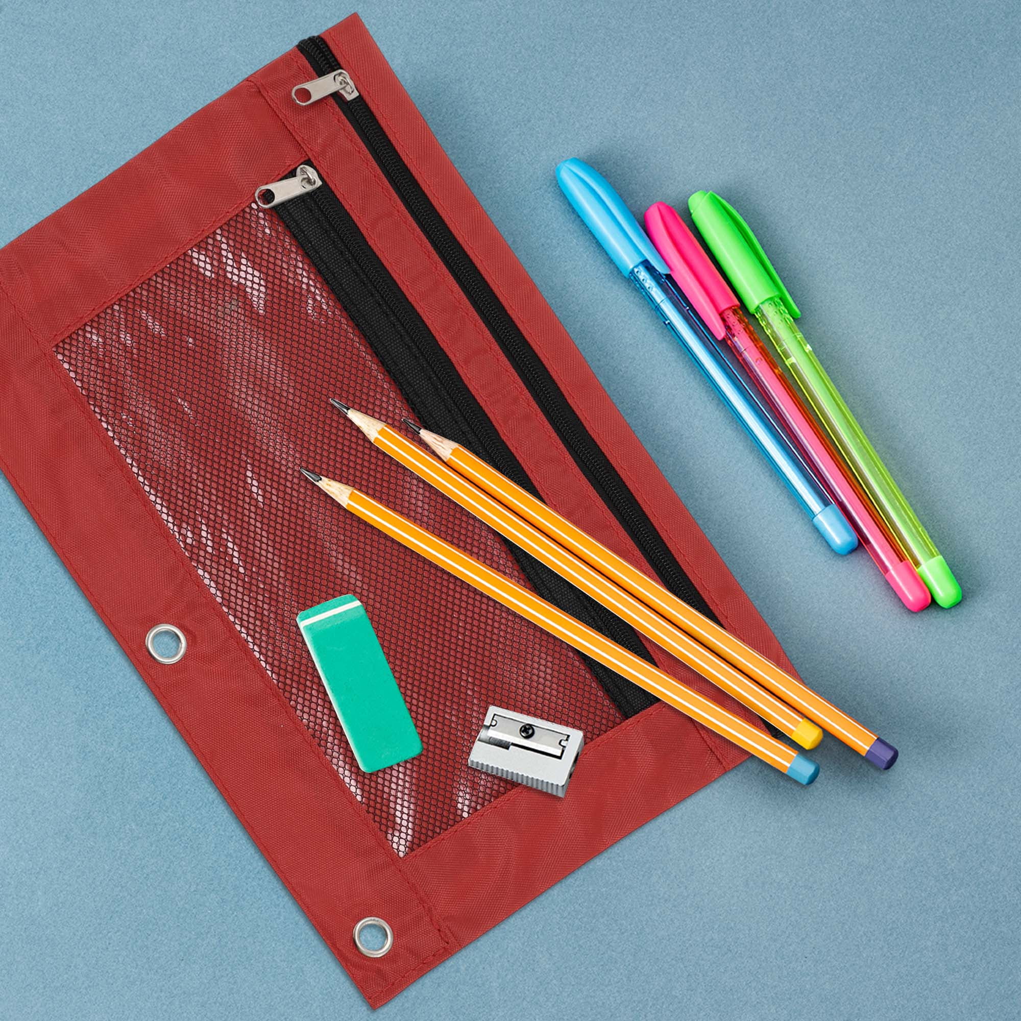 Unique Bargains Smooth Zipper Clear Mesh Double Layer Pencil Case for 3 Ring Binder Red