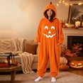 thumbnail image 3 of Swanpen Women Halloween Pumpkin Onesie , Hooded Plush One Piece Pajamas, Cute Jack O' Lantern Jumpsuit for Halloween Party & Loungewear,Orange, 3 of 9