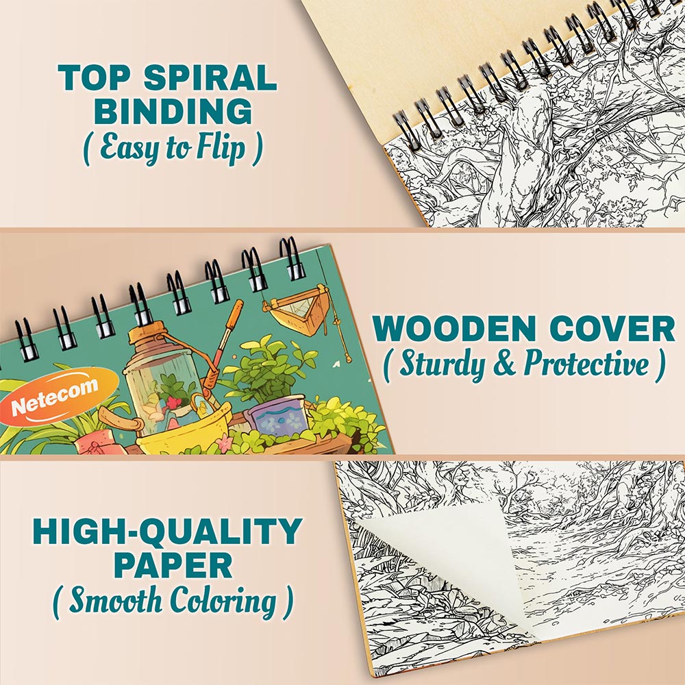 Netecom Secret Worlds Coloring Book Spiral Bound For Adults, A5 Wooden Cover, 30 Stunning Coloring Pages of Dreamlike Environments for Stress Relief and Relaxation