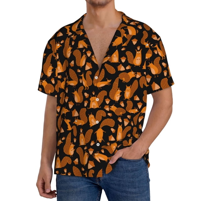 Balery Cute Squirrel Camisa Casual de Manga Corta con Botones para Hombre, Texturizada, Estilo Cubano, para Playa, Verano-4X-Large