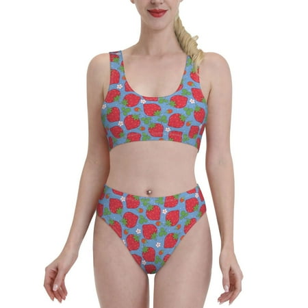 Lsque Hand Drawn Strawberry print Women s Bikini Tankini Set 2 Piece - Split Sports Swimsuit - Scoop Neck Bathing Suit - Small