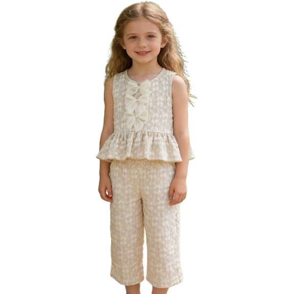 Kcolen Girls Bow Ruffle Sleeve Top & Cropped Pants Set, 2 Piece Elegant Summer Outfit, Dressy Casual Set for Toddler Girls