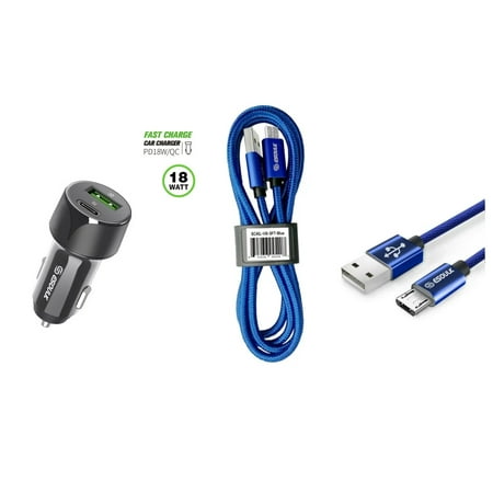 Compatible for Cloud Mobile Stratus C5 Elite 18W Car Charger PD + 2.4A USB with 3FT Blue Braided Type A to Micro USB