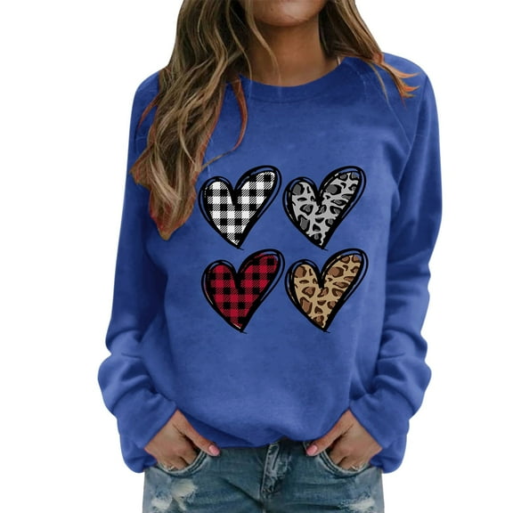 Baqcunre Crewneck Sweatshirts Valentine's Day Women's Sweatshirt Crew Neck Four Heart Print Long Sleeve Casual Sweat Tops (Blue S-2XL), Womens Sweatshirt Womens Tops Valentine's Day Shirts for Women