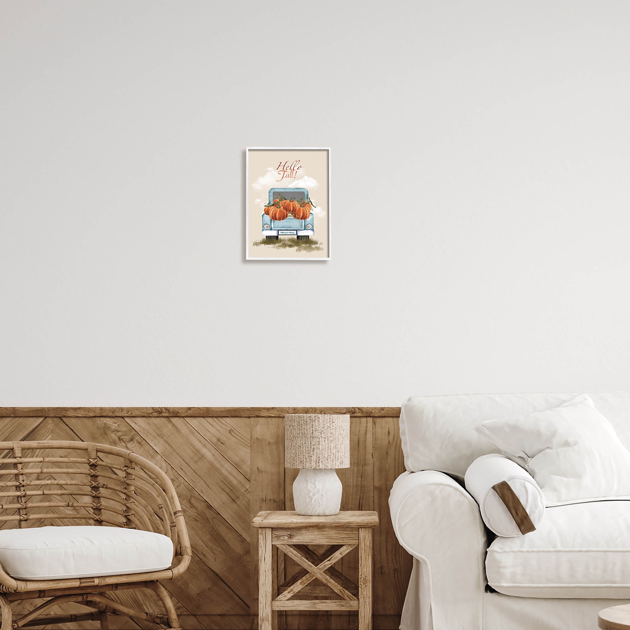 Hello Fall Seasonal Autumn Pumpkins Holiday Graphic Art White Framed Art Print Wall Art