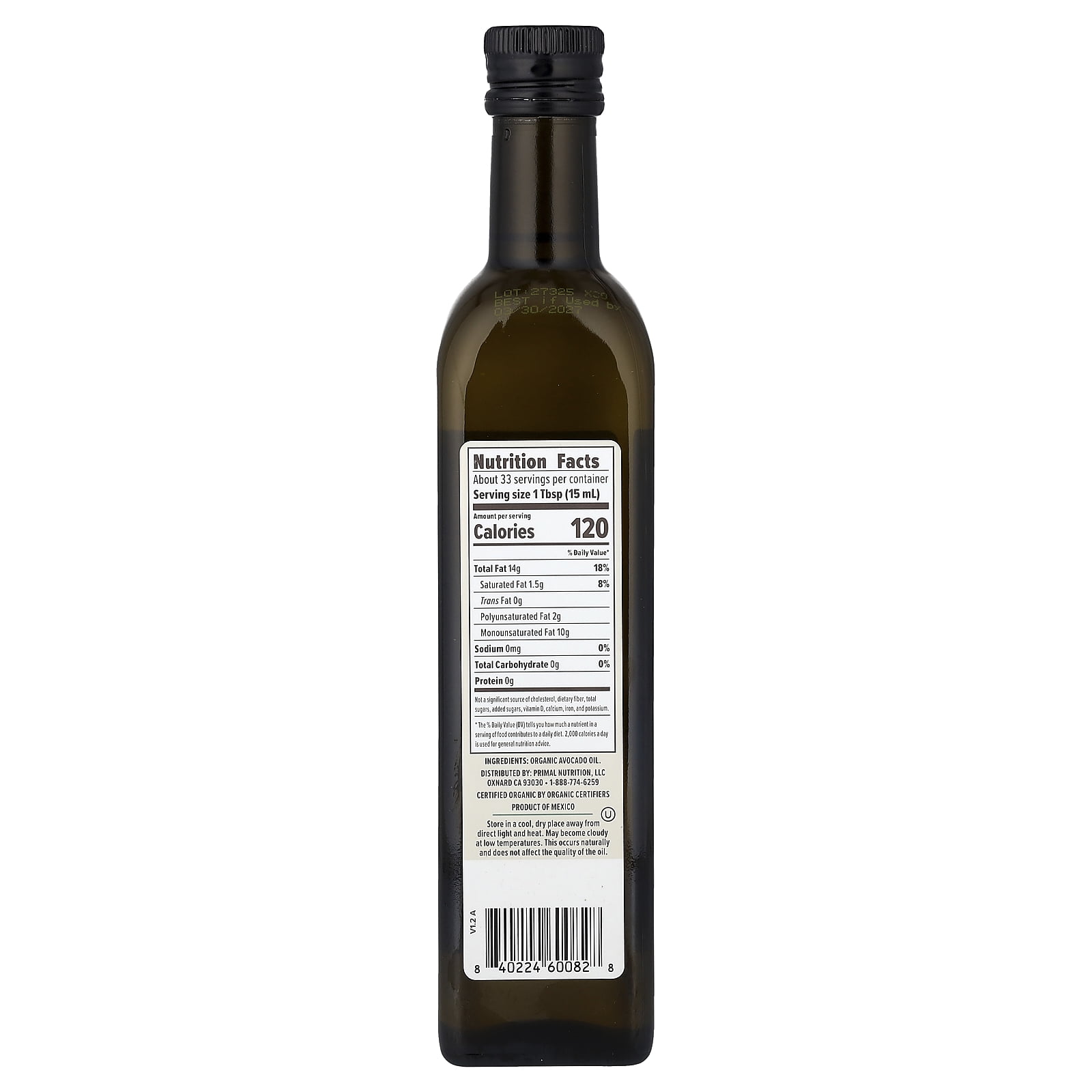 Primal Kitchen Organic Pure Avocado Oil, 1 pt 0.9 fl oz (500 ml)