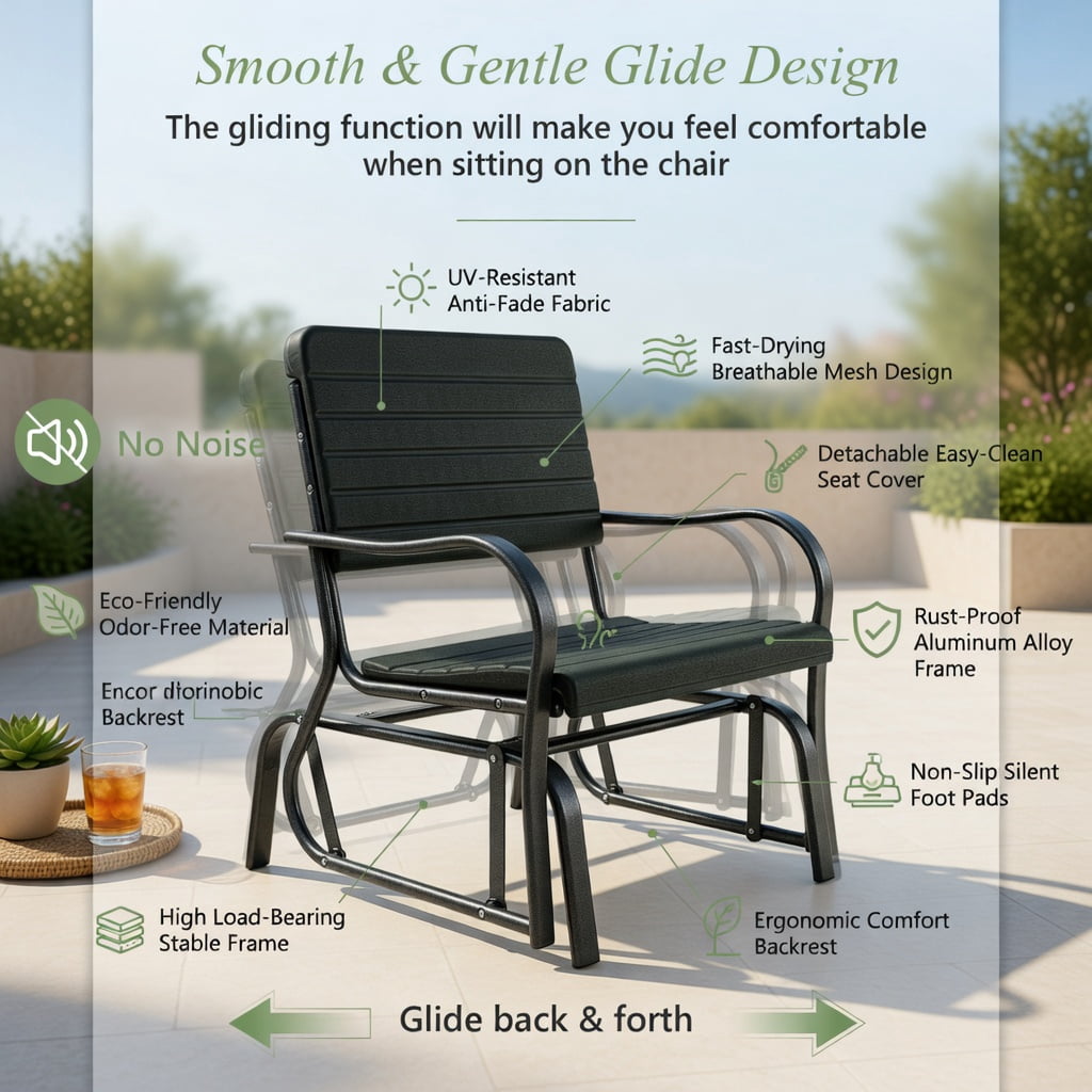 Hommoo 2-Seat Outdoor Porch Glider Chair with Heavy-Duty Steel Frame & Weather-Resistant HDPE Slats, Black
