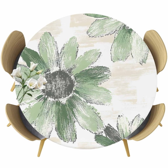 Round Table Cover 55-60 Inch Green Sunflower Waterproof Reusable Table Cloth Round Fitted Vinyl Tablecloth with Elastic Edged for Parties Outdoors, Spring Summer Botanical Flowers