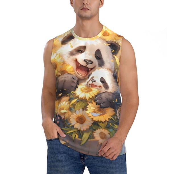 Fotbe Cute Panda Sunflower Men's Camiseta sin Mangas Estampada para Hombres, Playera Casual para Gimnasio, Entrenamiento, Playa-Medium