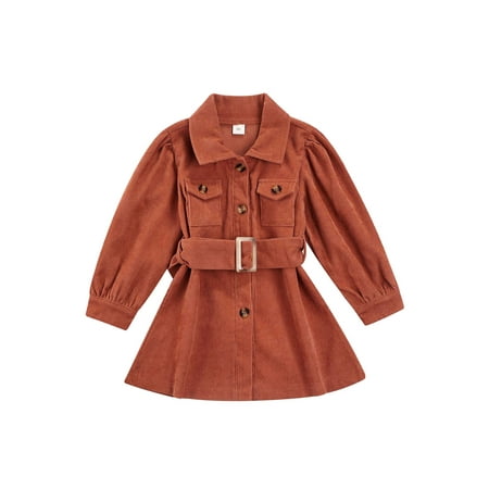 

Musuos Baby Girl Button Down Shirt Dress Coat Long Sleeve Corduroy Jacket with Belt