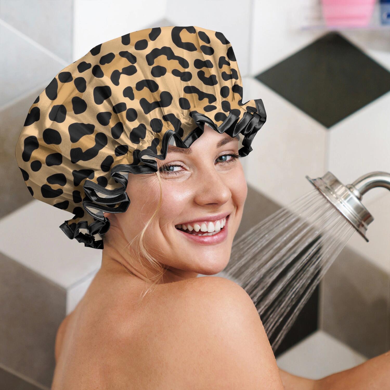 Shower Caps,Beige and Black Of Leopard Print Waterproof Shower Cap for Women 4 Pieces,Double Reusable Hair Cover for Shower PEVA Elastic Stretch Hem