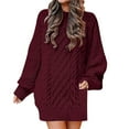 thumbnail image 2 of Leesechin Womens Fall Sweater Dresses Casual Oversized Cable Knit Chunky Pullover Crewneck Long Sleeve Short Sweater Dress Wine, 2 of 8