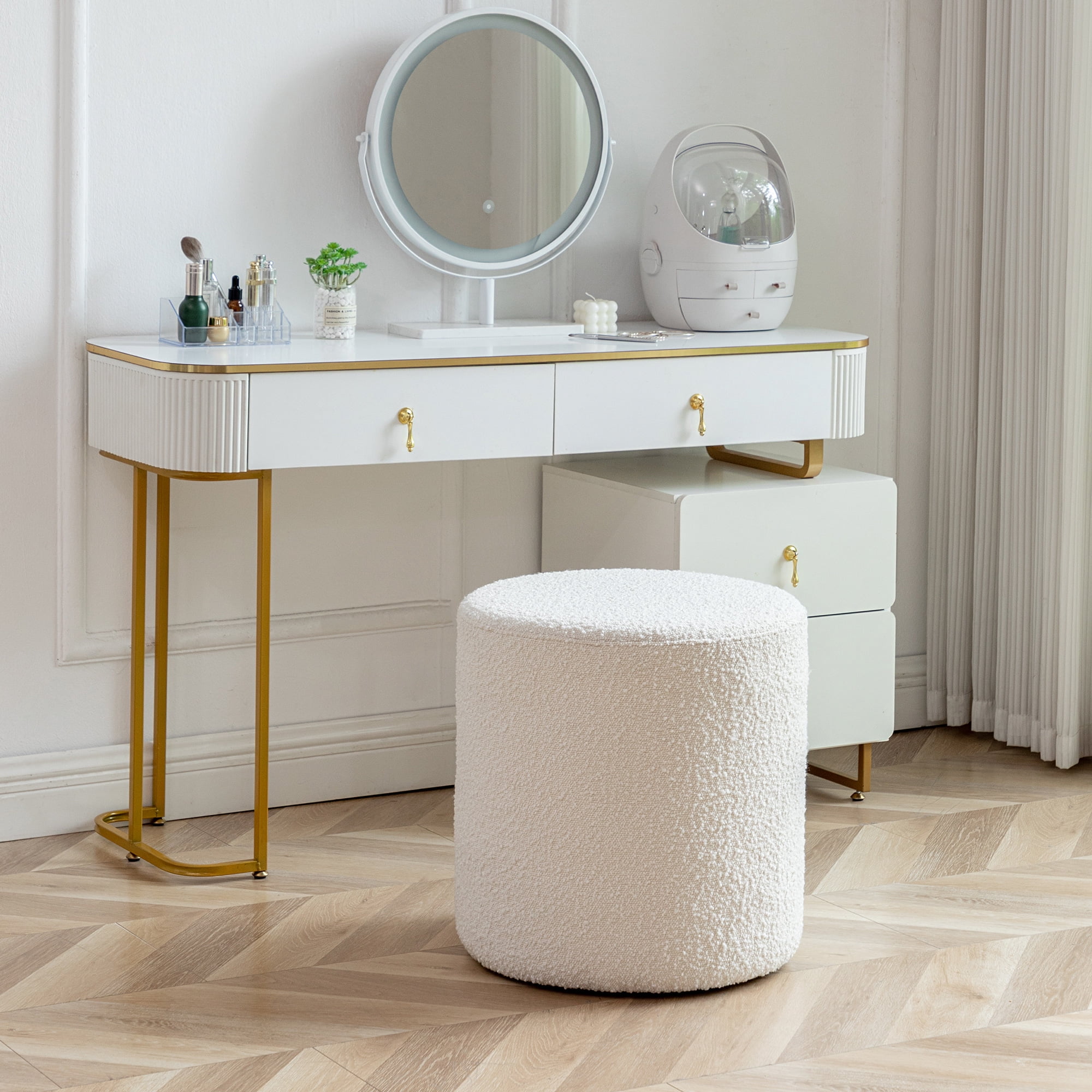 Modern Round Boucle Upholstered Ottoman with Soft Padded Seat, Multi-Functional Sofa Footrest, Side Table, Extra Seating for Living Room, Bedroom, Entryway 18" Dx 18" W x 18" H (Cream)