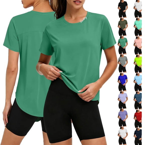 Vmvidoty Seamless Workout Tops for Women Hip Length - Athletic Running Gym Yoga Short Sleeve Shirts Breathable Crewneck Tees Light Green S