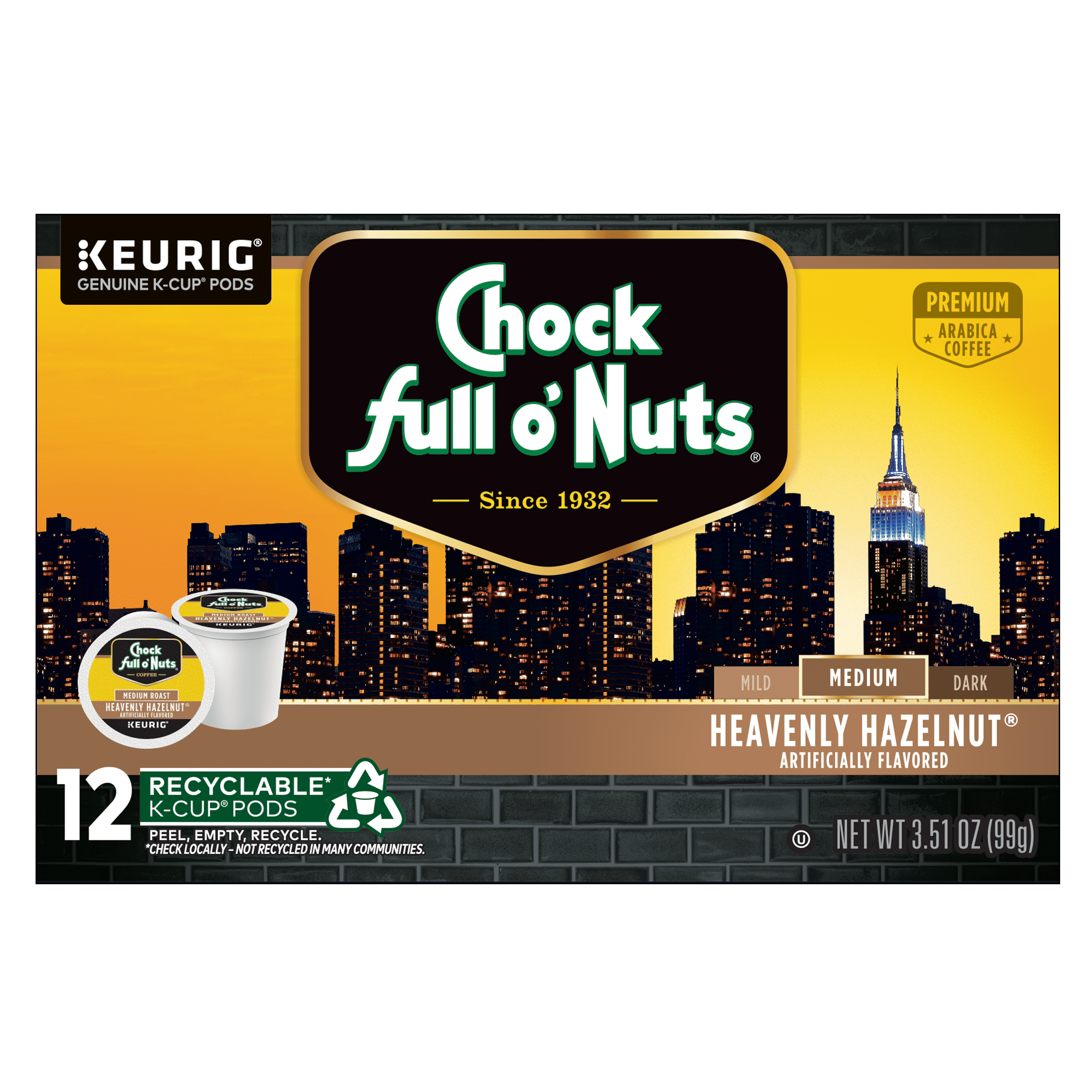 Chock full o’Nuts® Heavenly Hazelnut® Coffee, Single Serve Keurig® K-Cup® Pods, Medium Roast Coffee, 12-Count Box