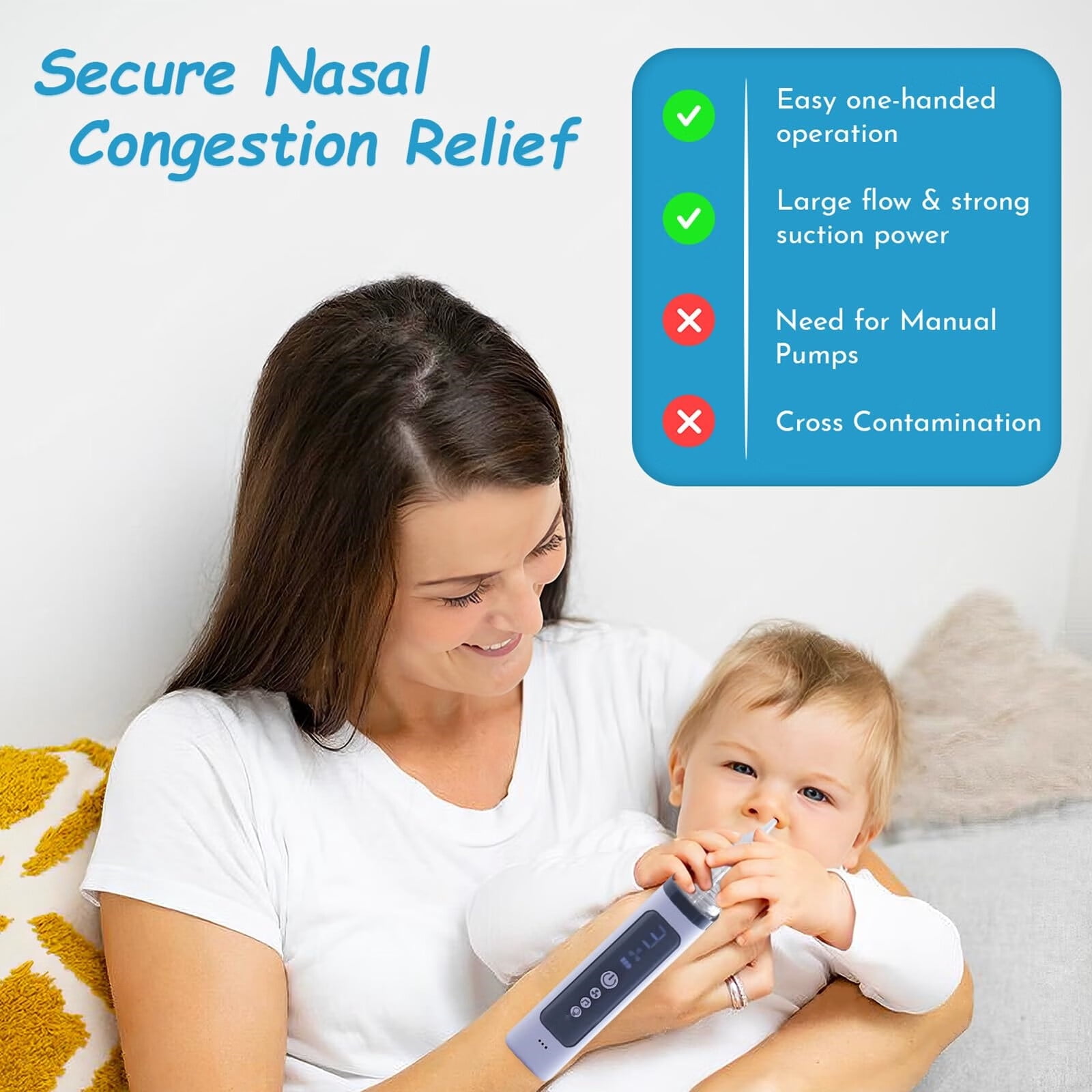The nasal aspirator for baby has three levels of adjustable suction modes from weak to strong,quickly removes different types of nasal secretions (Choking milk,snot,etc)