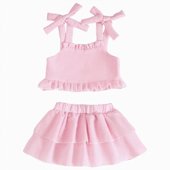 KPOPLK 2 Piece Toddler Girl Clothes Baby Summer Outfit Sleeveless Cutout Strap Ruffle Tank Top and Shorts Set(6-12 Months,Pink)