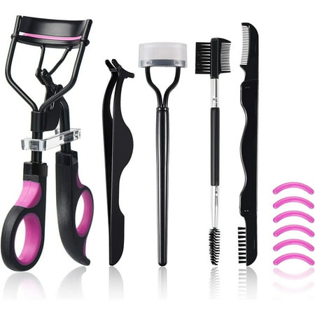 Eyelash Curlers Kit for Women w Lash Curler Eyelash Comb Seperator 3 in1 Mascara Brushes Eyelash Extension Tweezers Foldable Eyebrow Brush and Comb 6 Silicone Refills Pads for Natural Eyelashes