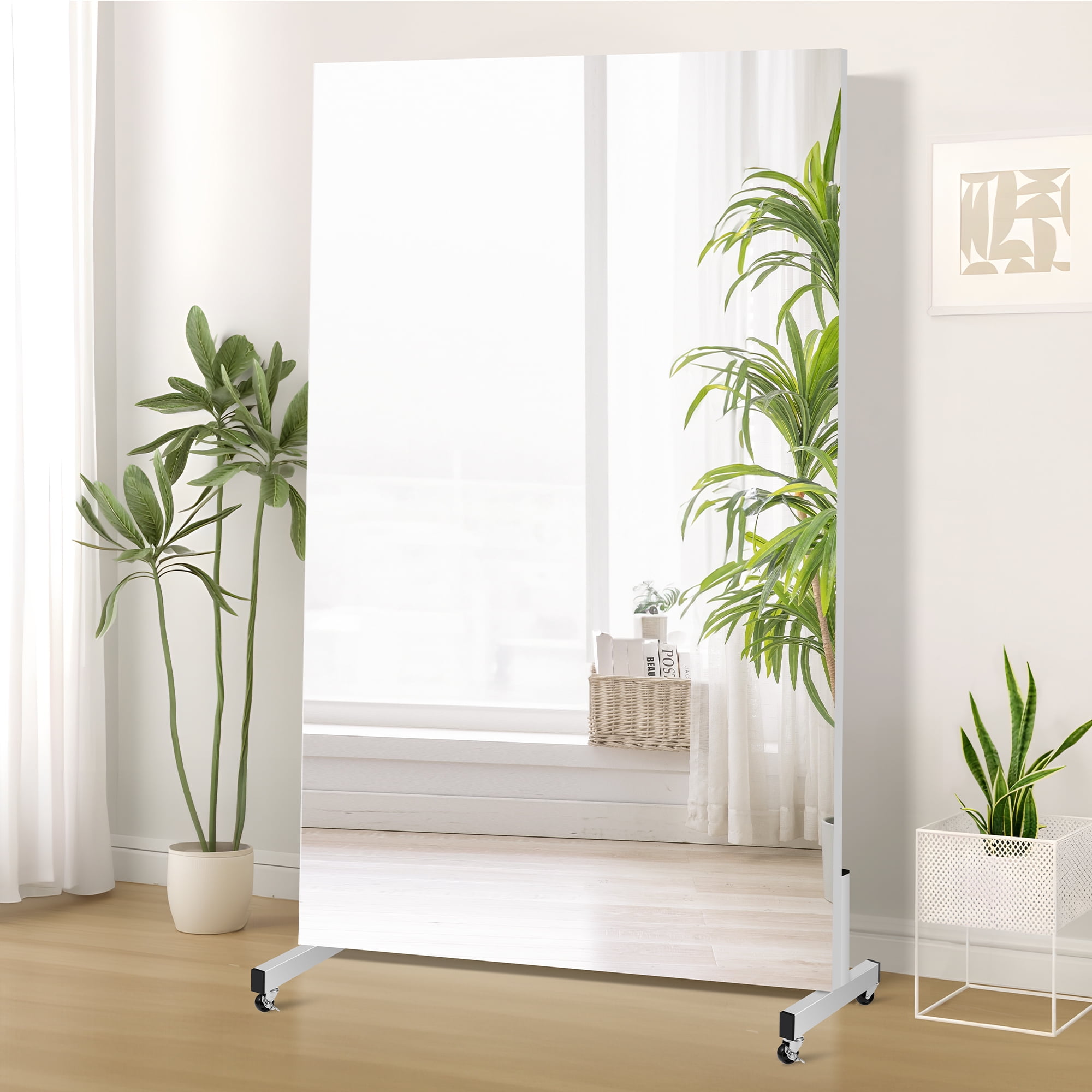 brisafe Home Gym Mirror 360° Swivel on Wheels, 67" X 40" Extra Large Full Body Rolling Mirror for Yoga, Nano Film Super Lightweight Unbreakable Mirror with Stand, White