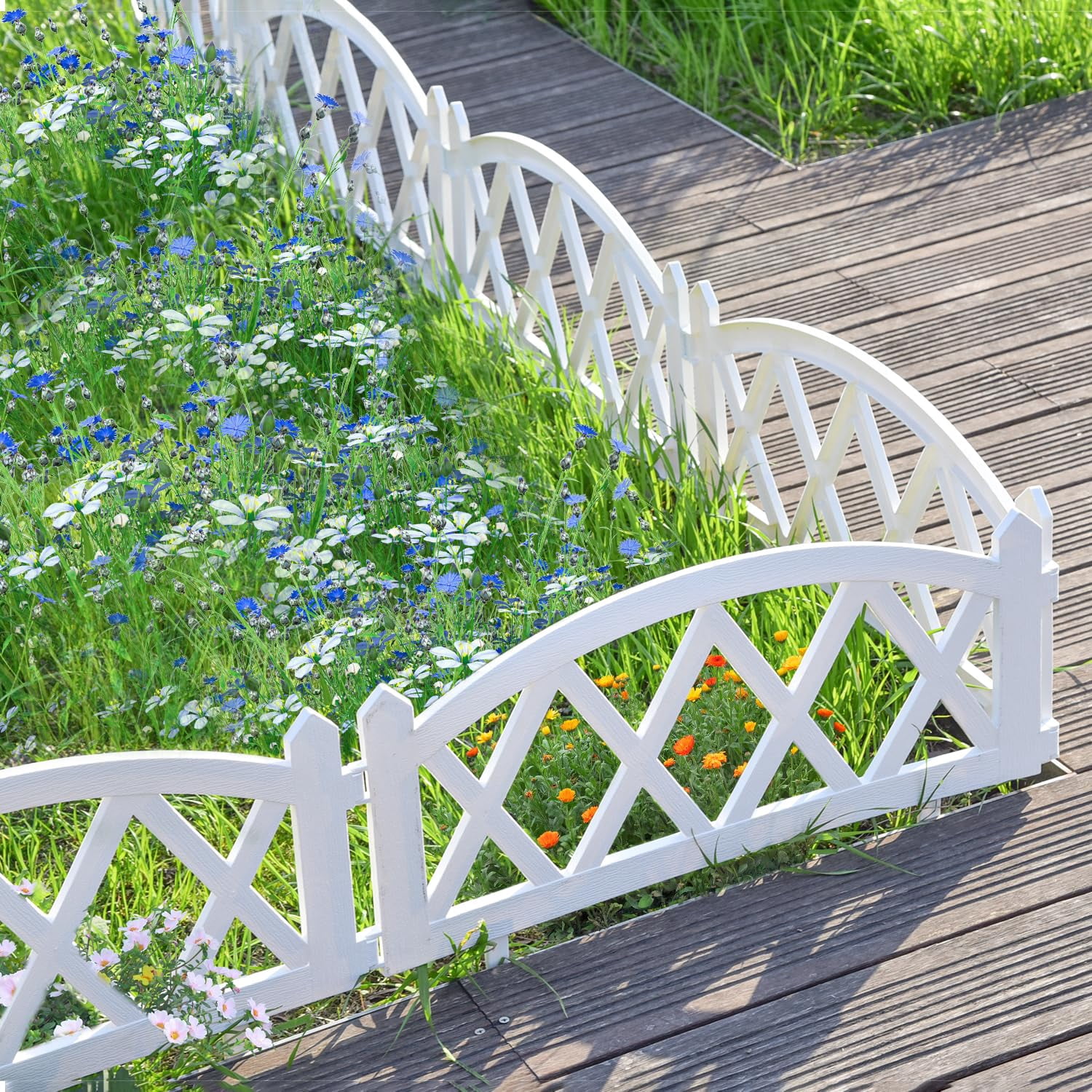 Sungmor Lightweight Plastic Garden Rail Fence White Pickets,94.5 Inch Length Outdoor Lawn Patio Protective Guard Edging Boarder Decoration