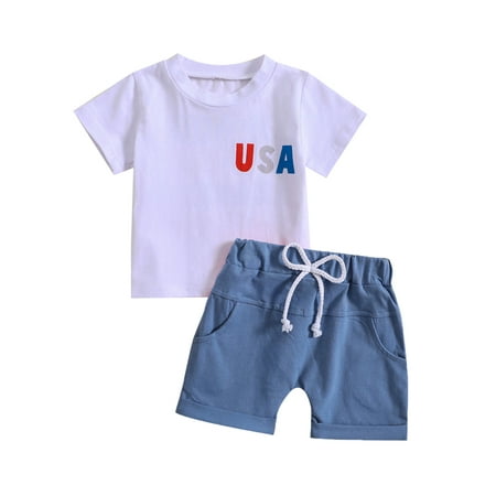 

4th of July Baby Boy Summer Clothes Letters USA Print T Shirts Top with Shorts Independence Day Cute Newborn Outfit Set