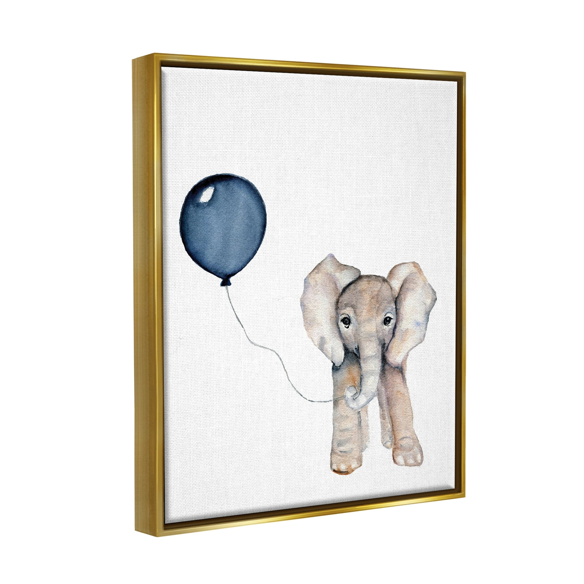 Stupell Industries Baby Elephant with Blue Balloon Metallic Gold Framed Floating Canvas Wall Art, 16x20, by Susan Knovich
