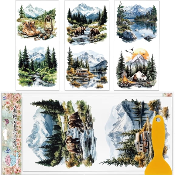 3 Sheets Camping Scenery Furniture Transfer 11.8x5.9inch Bear Mountain River Rub on Transfer UV Self-Adhesive Stickers Wall Art Craft for Furniture Room Desk