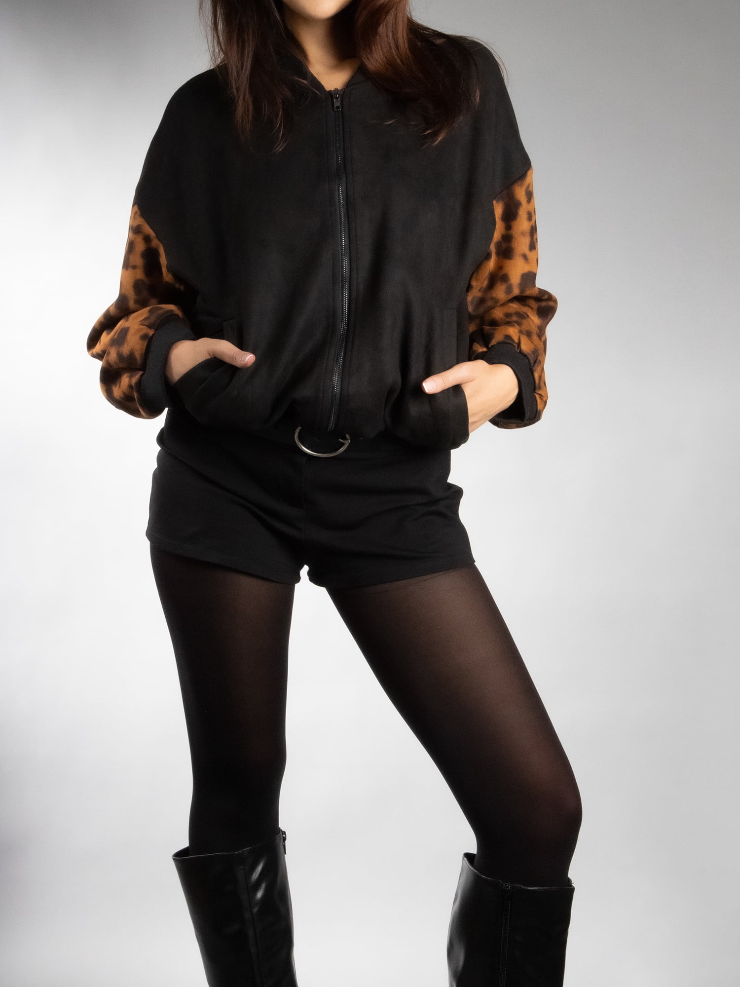 DARING DIVA Women's Animal Print Sleeve Zip Up Jacket L Black