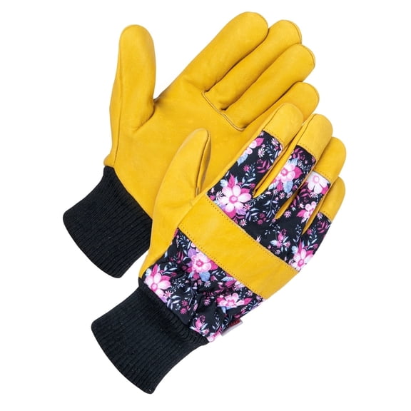 AIWOGLO Women's Leather Gardening Gloves, Floral Cowhide Thorn Proof Garden Gloves with Breathable Back & Knit Wrist Cuff for Yard Work Rose Pruning