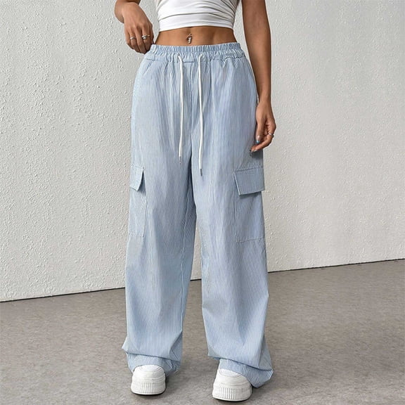 Pants for Women Straight-Leg Stretch Waistband Striped Casual Trousers,Womens Pants Blue S