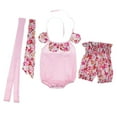 thumbnail image 1 of Conjunto de 3 piezas de ropa floral para niñas pequeñas, mono, pantalones cortos y diadema. Rosado, 1 of 9