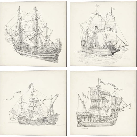 Great Art Now Antique Ship Sketch by Richard 4 Piece Canvas Art Set Each 14W x 14H