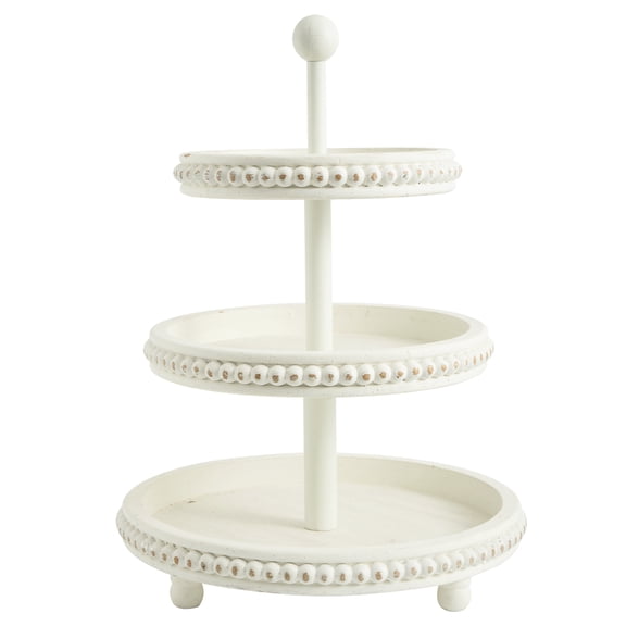 FUIN Farmhouse 3 Tier Tray, White Three Tiered Tray Wood Stand with Shabby Chic Beaded for Home & Kitchen or Coffee Bar Decorations, 12.4 x 12.4 x 16.5 inchs