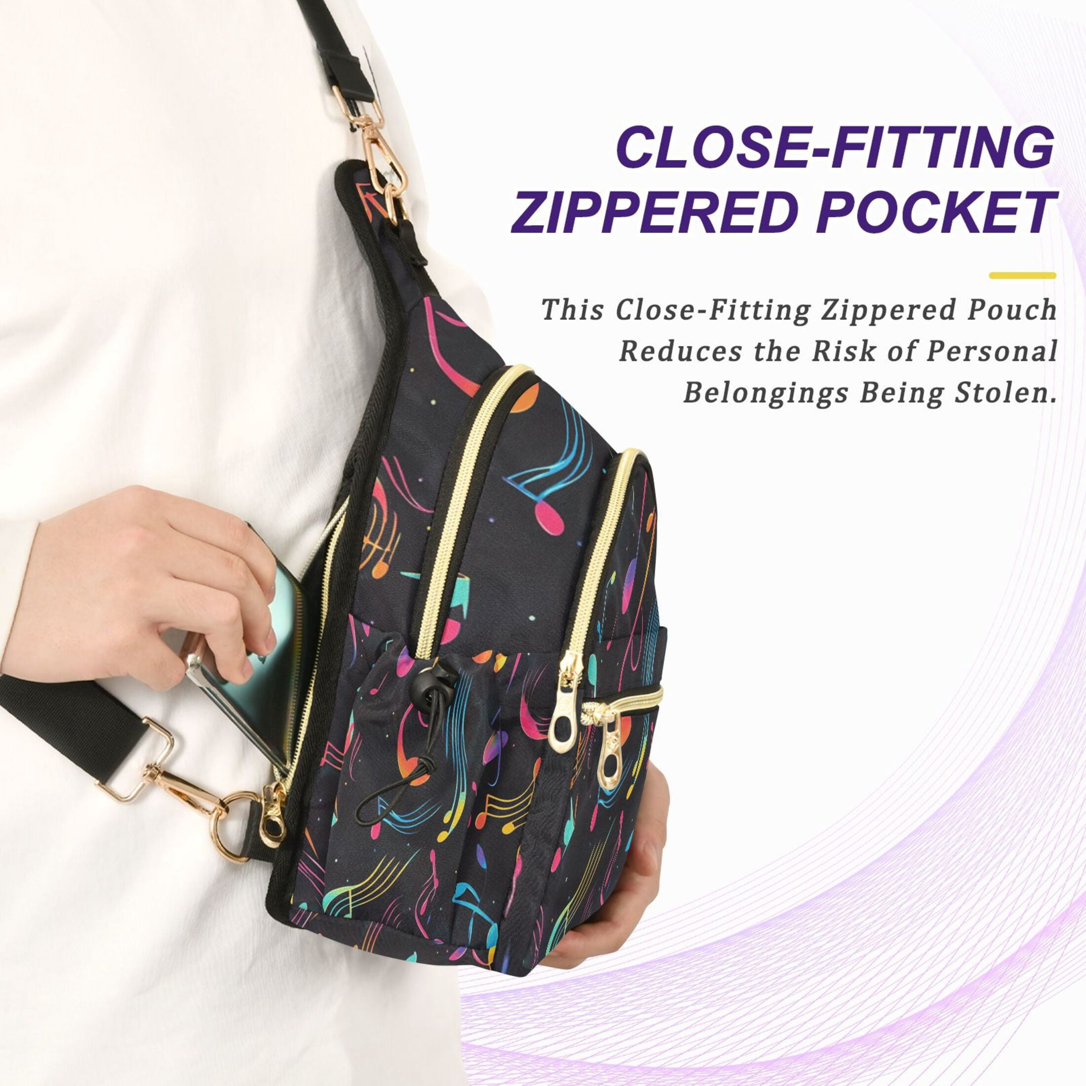 Crossbody Sling Bag for Women Shoulder Purse Trendy Daypack with Adjustable Strap Musical Notes and Waves Pattern
